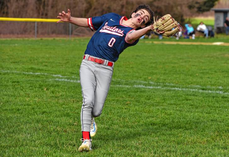 Mahar pitcher Sam Connors (0) gets his glove on a pop up in foul territory during the Senators’ 13-6 victory over Smith Academy on Monday in Orange.  