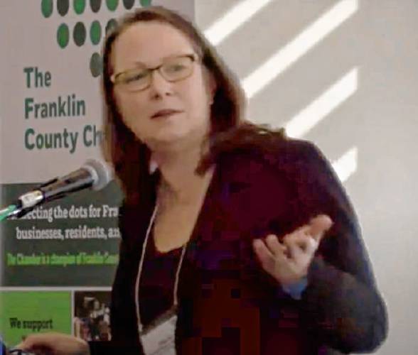 Kate Fox, executive director of the Massachusetts Office of Travel and Tourism, speaks at the WEconomic Development Chamber Breakfast at Greenfield Community College last week. She later went on a tour of some of Franklin County’s tourism destinations.