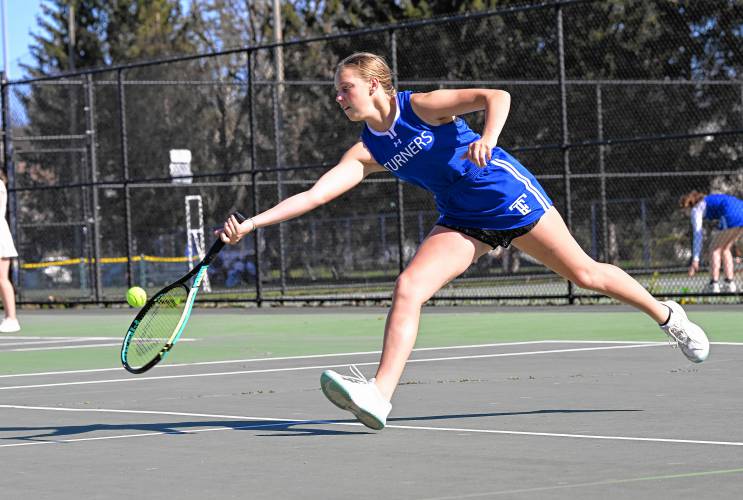 Turners Falls’ Avery Heathwaite returns a volley from Greenfield’s Amy Mihailicenco during action at the Davis Street Courts in Greenfield on Thursday.