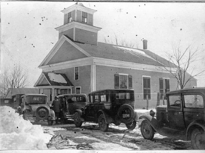 Cars are seen outside the Wendell Town Hall as citizens came to attend the 1931 Wendell Town Meeting.