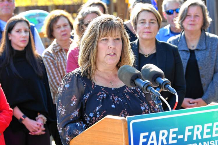Franklin Regional Transit Authority (FRTA) Administrator Tina Cote speaks at a press conference at the John W. Olver Transit Center in Greenfield on Thursday announcing fare-free regional transit.