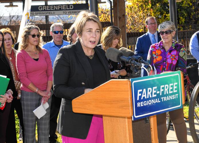 Massachusetts Gov. Maura Healey was at the John W. Olver Transit Center in Greenfield on Thursday to announce fare-free regional transit.